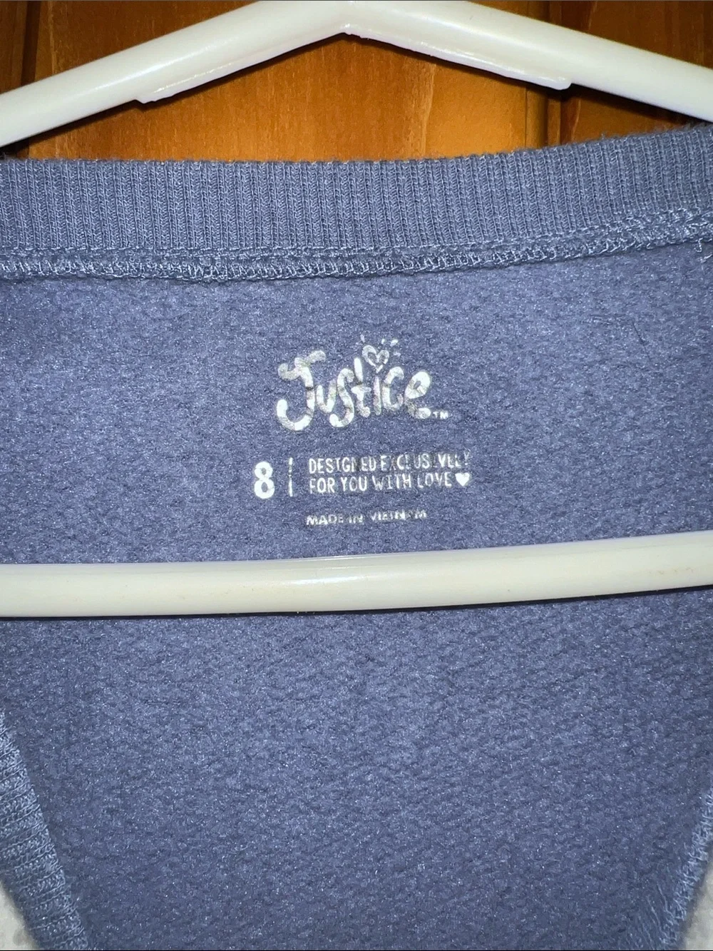 Justice White Plush Bunny Crewneck with Blue Sleeves